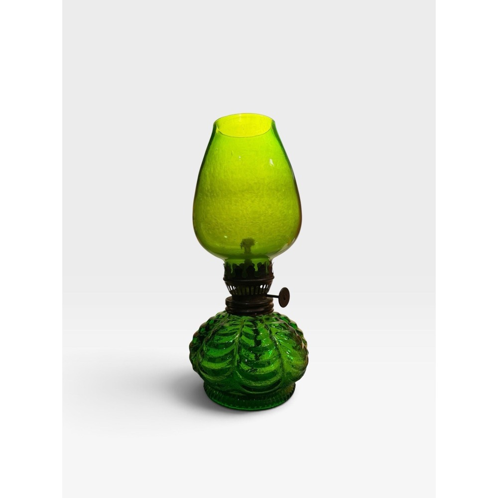 Antique Green Glass Miniature Oil Lamp 7" Drape Pattern SI-231 Victorian